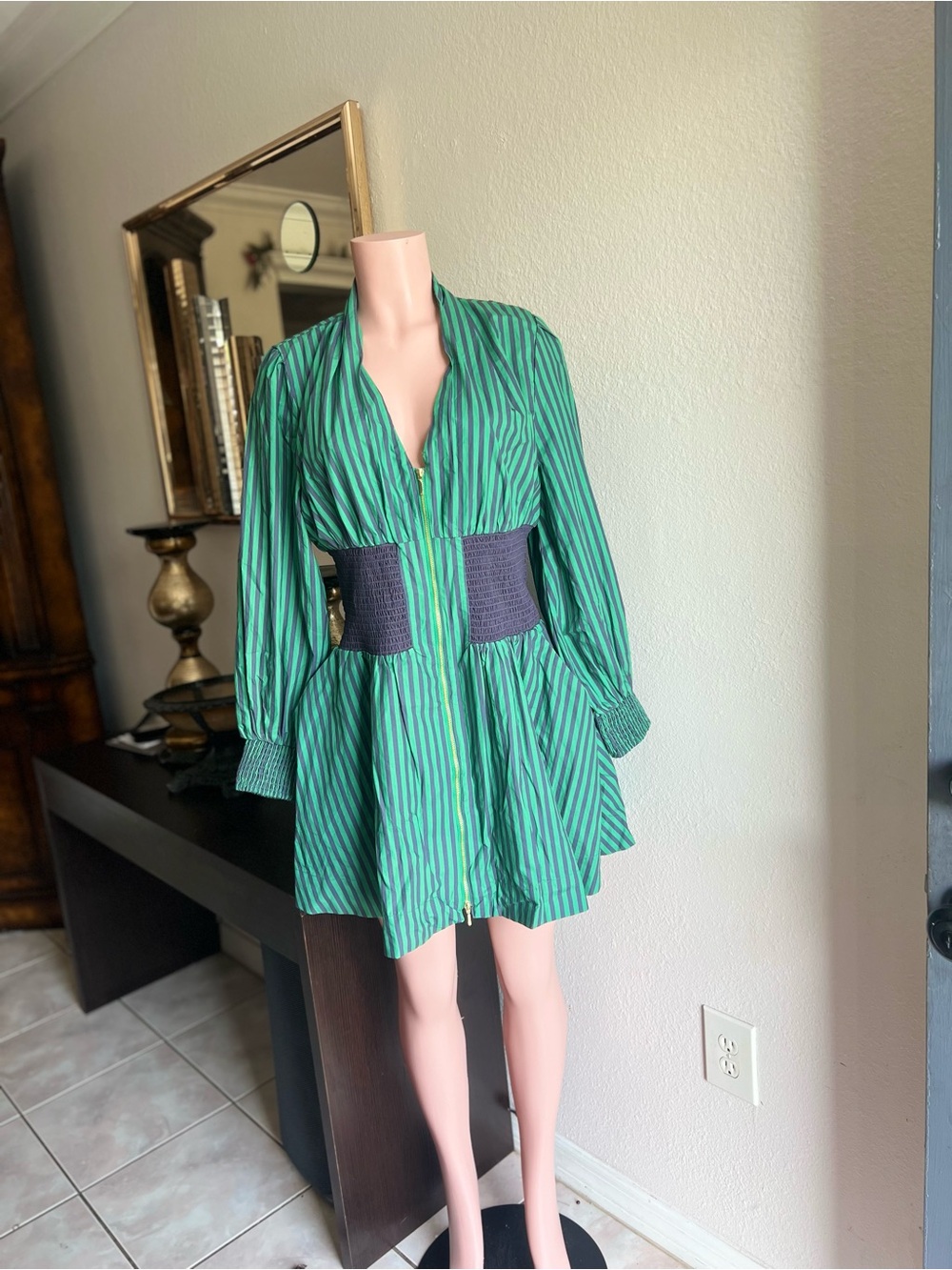 Anthropologie Green Striped Mini Dress with Navy Smocked Waist